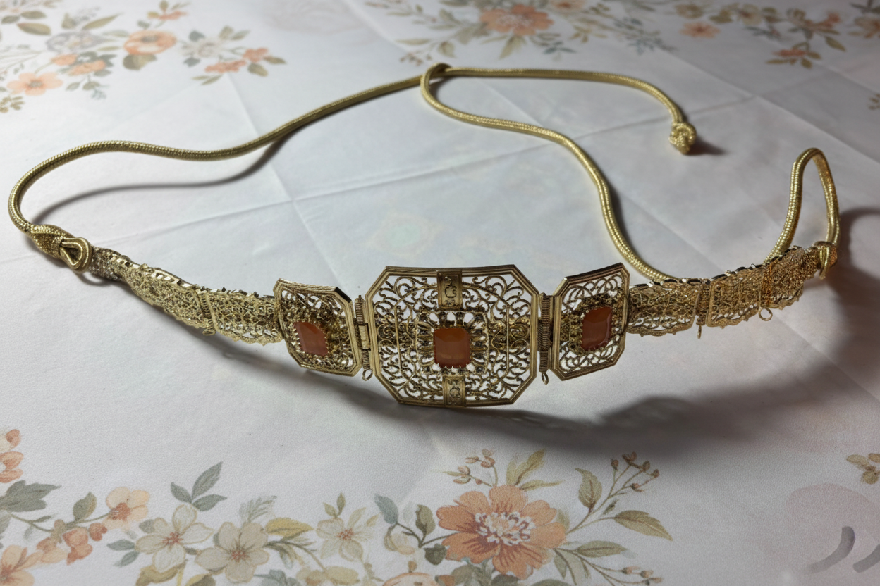 Ceinture Dorée Filigrane “Ambre Royale” – Pierre Saumon & Motifs Traditionnels