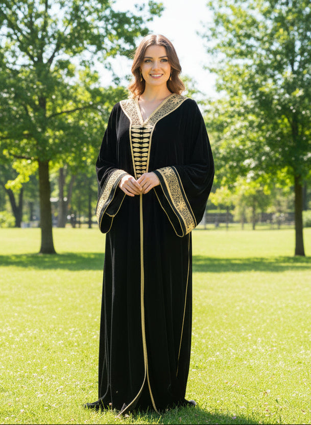 GANDOURA VELOURS NOIR BRODÉE FIL D'OR