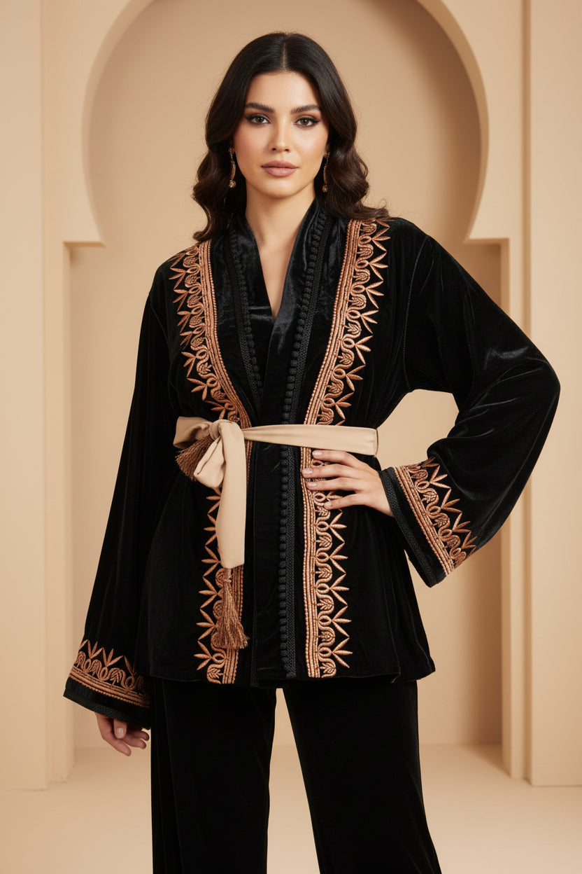 Jabador Velour Noir Ensemble - Tenue Marocaine de Luxe
