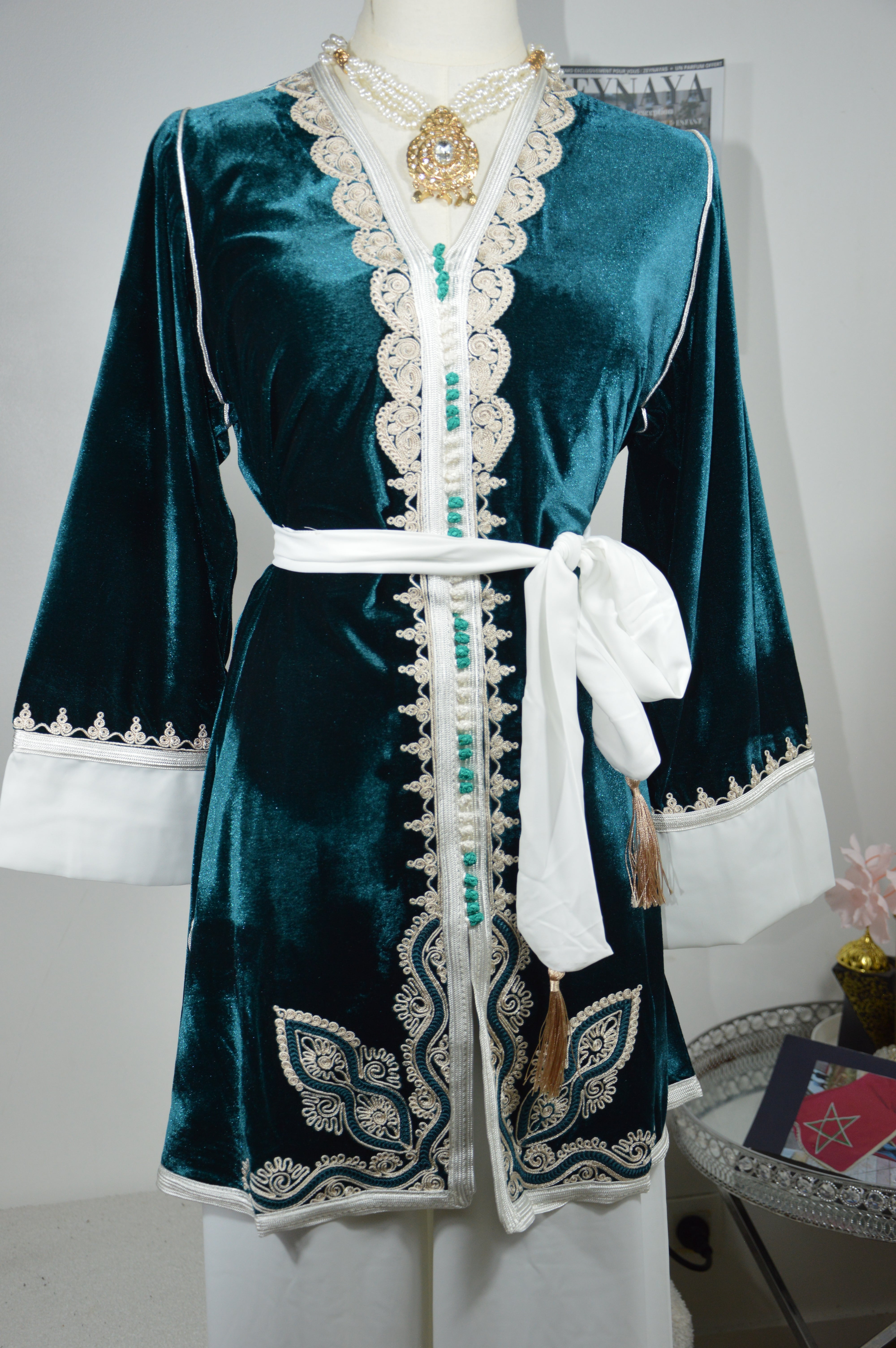 Jabador Bleu Canard Blanc Femme - Ensemble 3 Pièces Velours et Crêpe