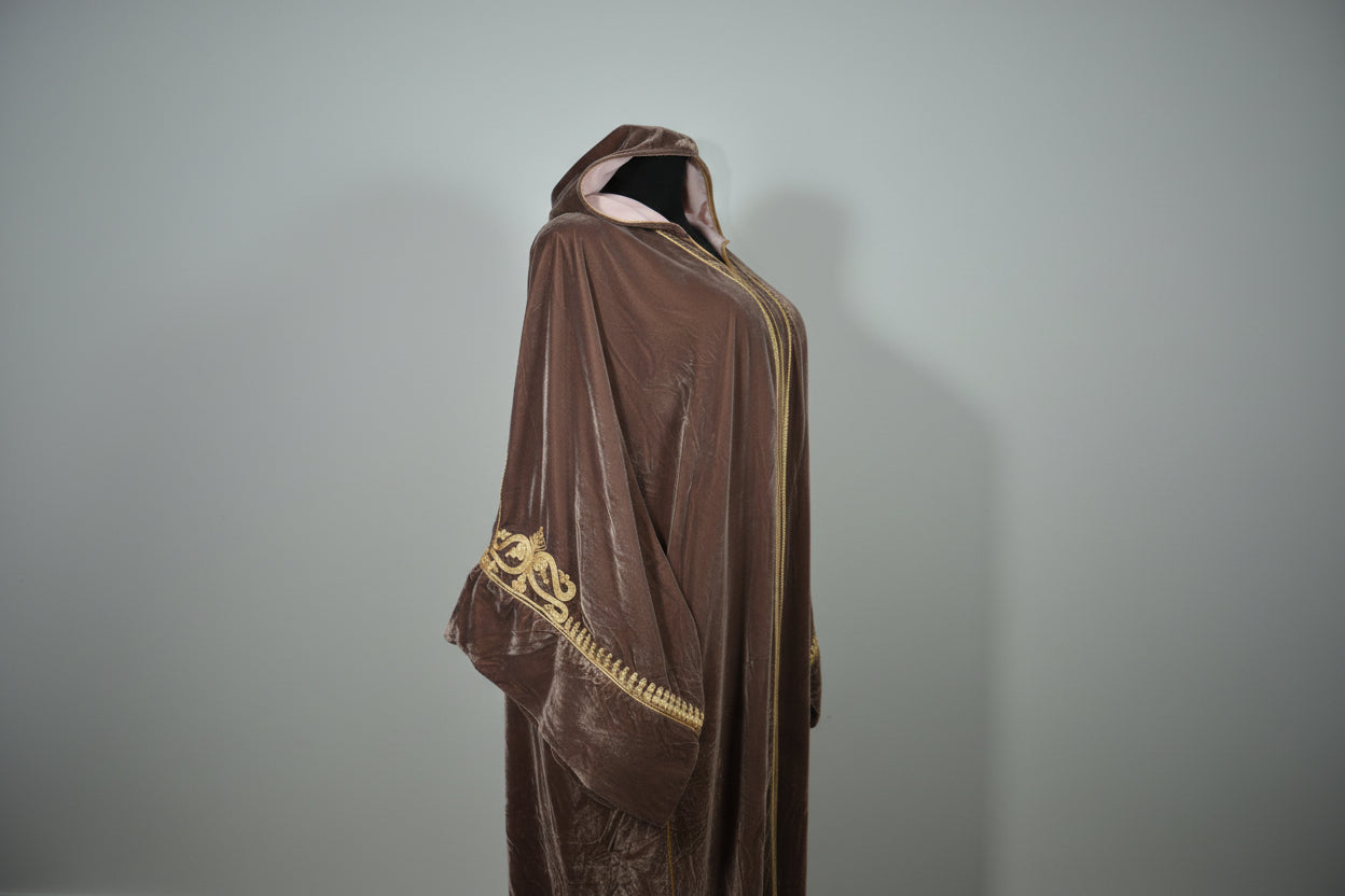 Jellaba Velours Marron Chocolat Brodé Or - Élégance Marocaine