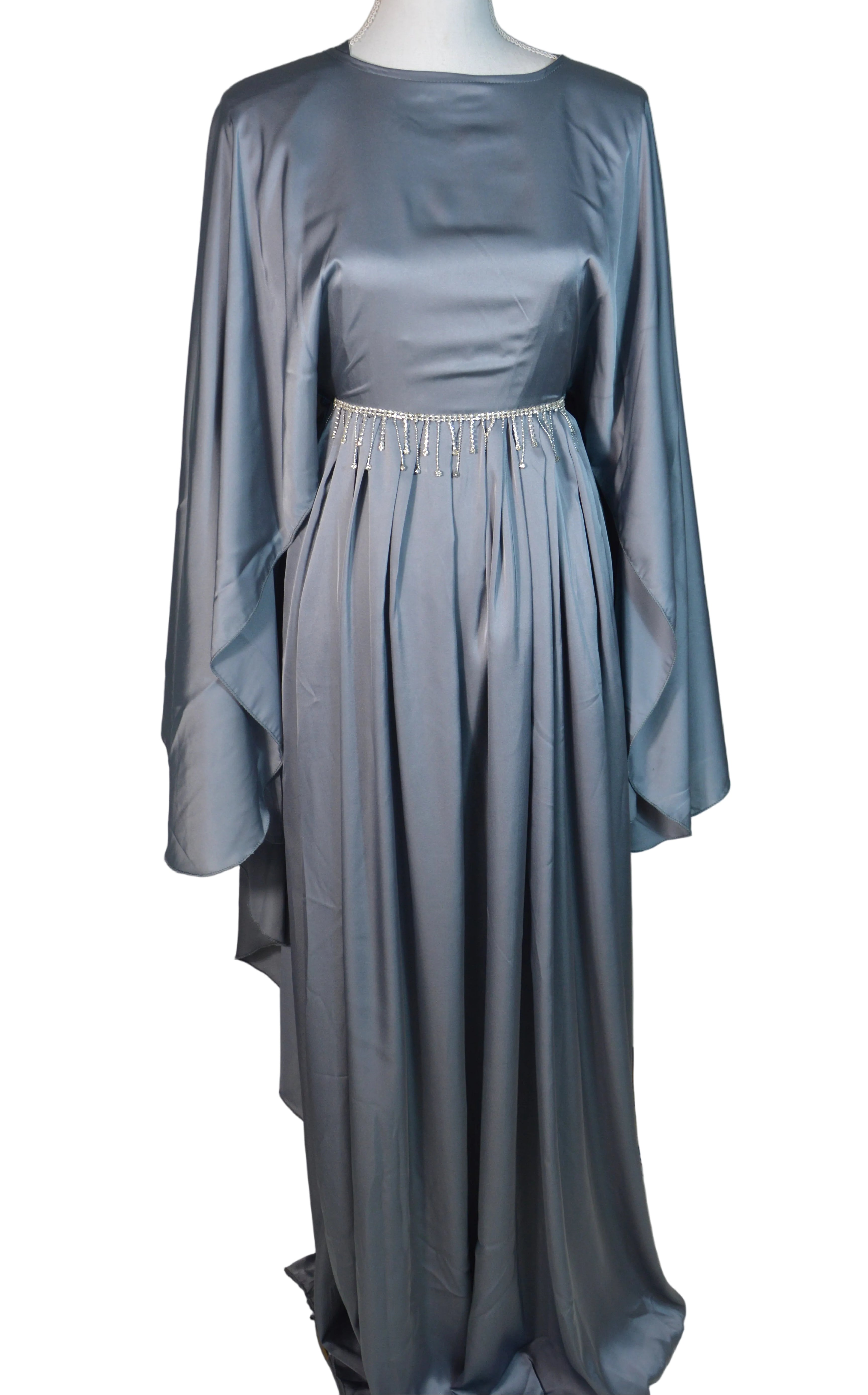 abaya farasha gris argent satinée ceinture perlé