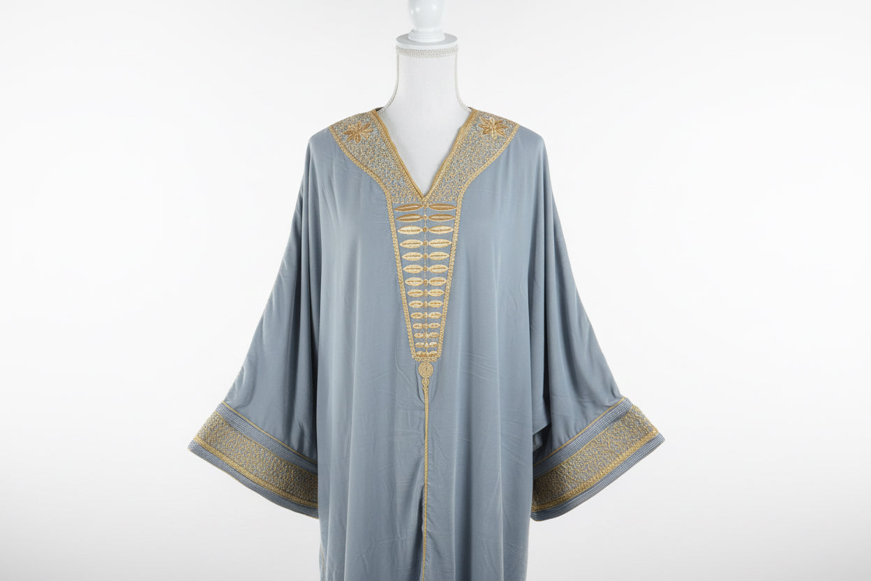 GANDOURA VELOURS GRIS BRODÉE FIL D'OR