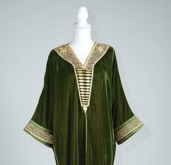 GANDOURA VELOURS VERT BRODÉE FIL D'OR