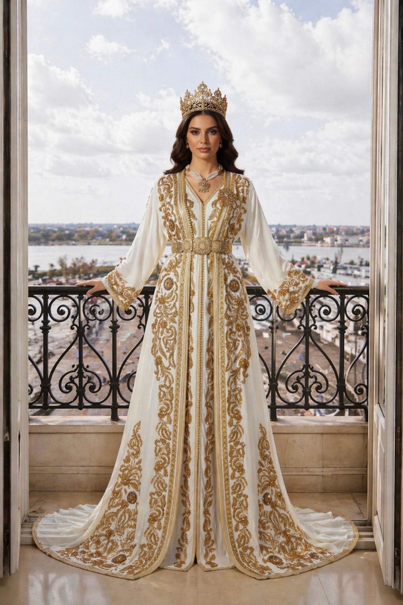 Takchita Haute Couture Crêpe Blanc & Or Floral