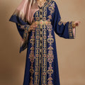 "Soraya" Royal Kaftan - Midnight Blue Hand-Embroidered - Pink Finishings