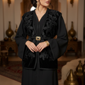 Caftan Veste Velours Noir Fleuri - Ensemble 2 Pièces