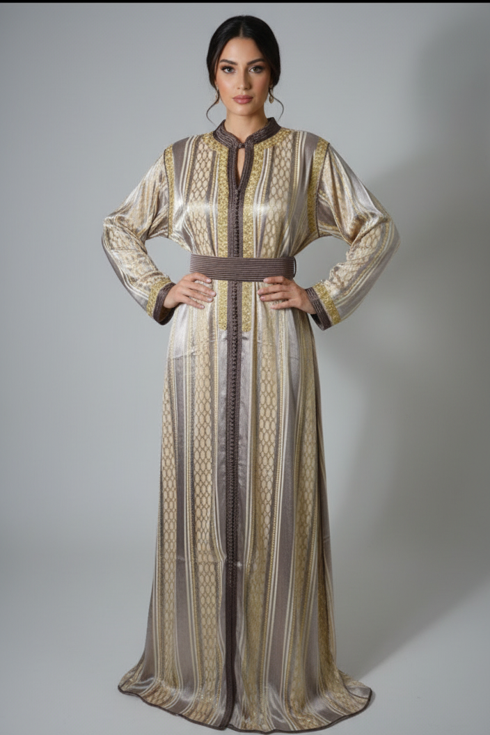 Caftan Long Luxe – Marron & Or – Broderies Traditionnelles