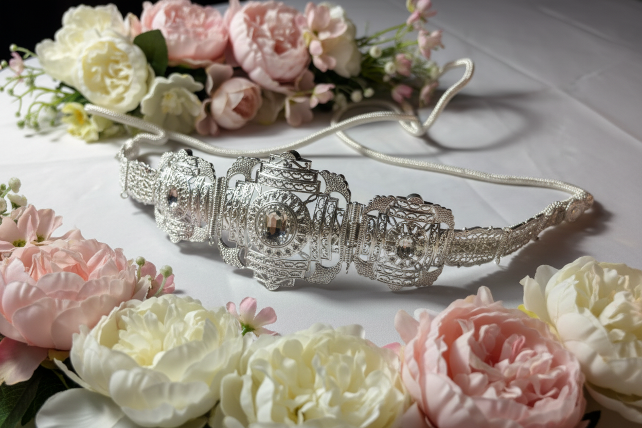 Ceinture Argentée Filigrane “Lune Royale” – Cristaux Transparants & Motifs Orientaux