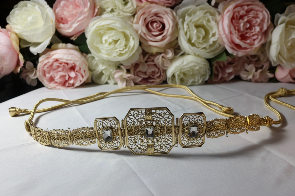 Ceinture Dorée Filigrane “Sultana” – Strass Cristal & Motifs Traditionnels