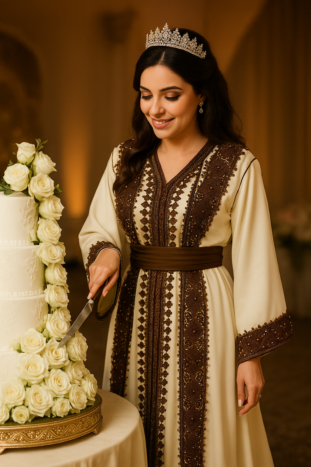 Takchita Beige – Broderies Marron & Perles Multicolores