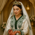 White Caftan with Dark Green Embroidery – Traditional Moroccan Embroidery