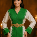 Takchita Verte & Blanche en Satin – Broderie Marocaine