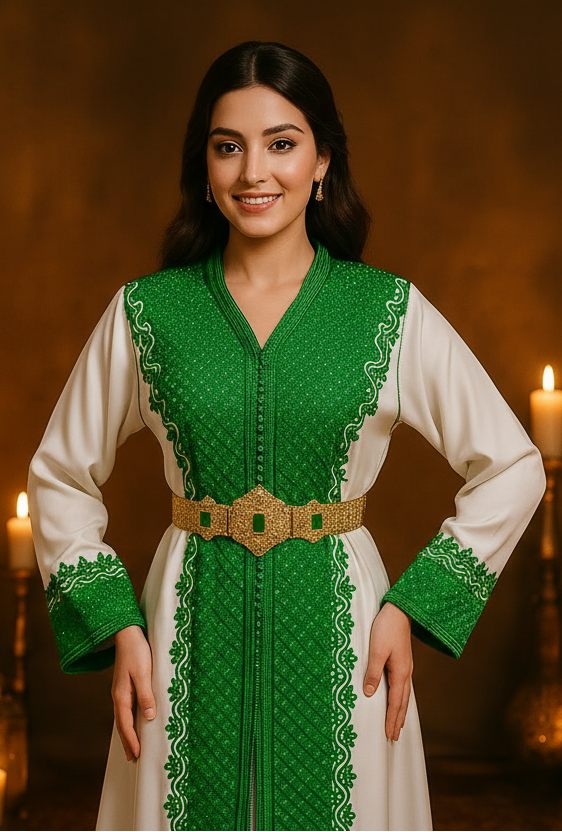 Takchita Verte & Blanche en Satin – Broderie Marocaine
