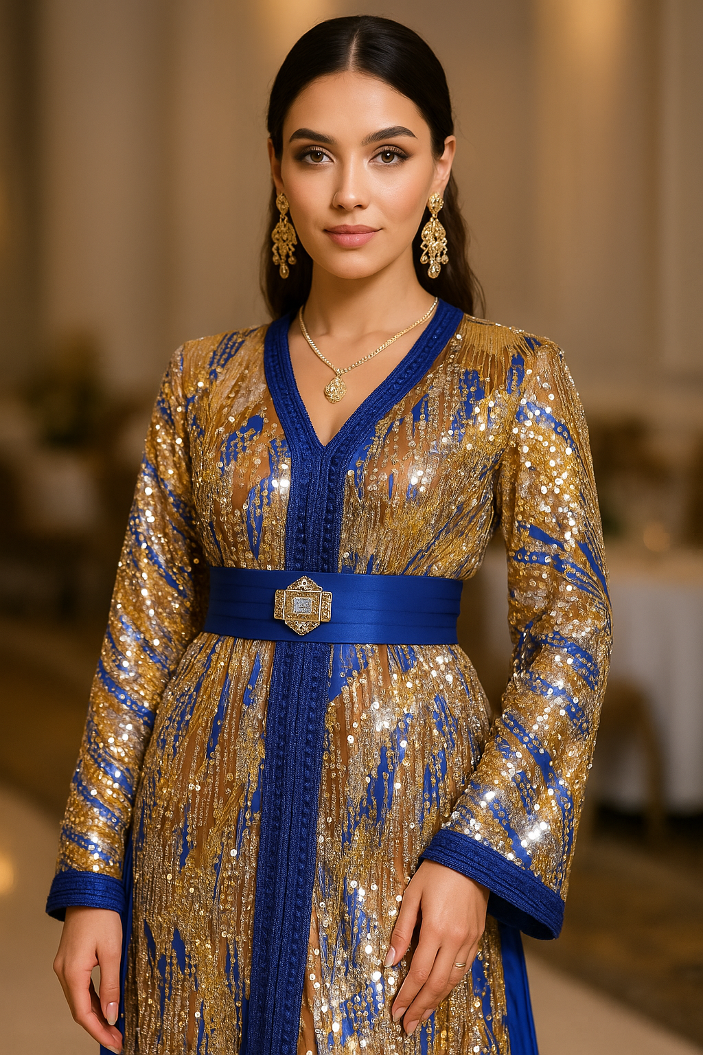 Takchita Bleu Royal & Doré – Luxe Oriental, Broderies et Sequins