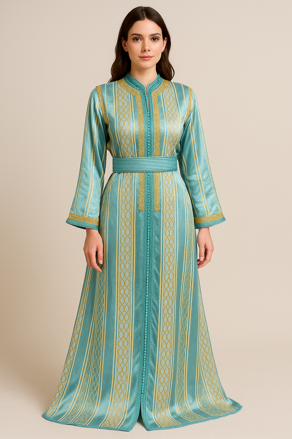 Caftan Marocain Jouhara Bleu Turquoise – Satin Premium & Broderies Dorées