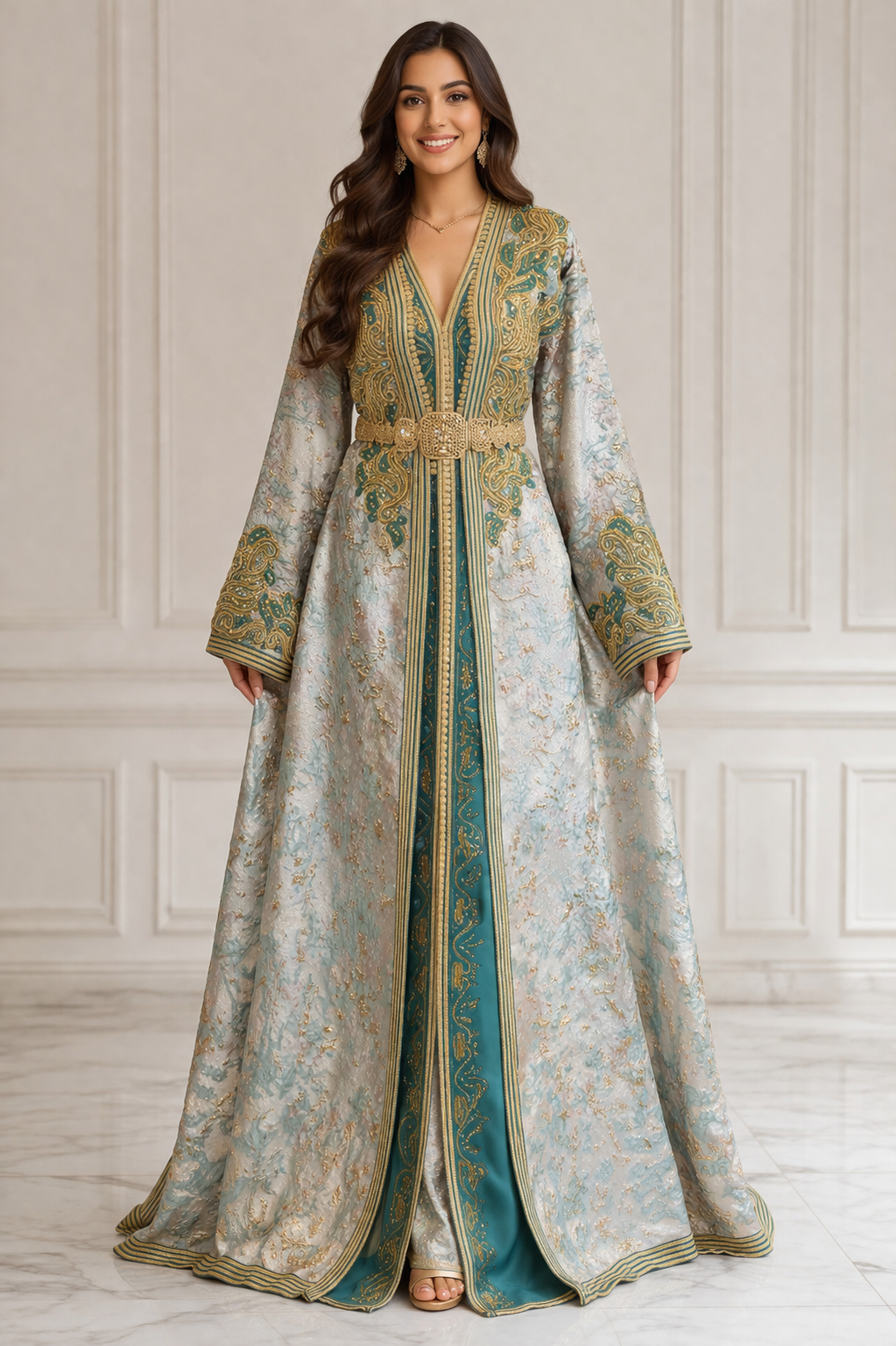 Takchita Haute Couture Brocard Bleu Cyan & Or