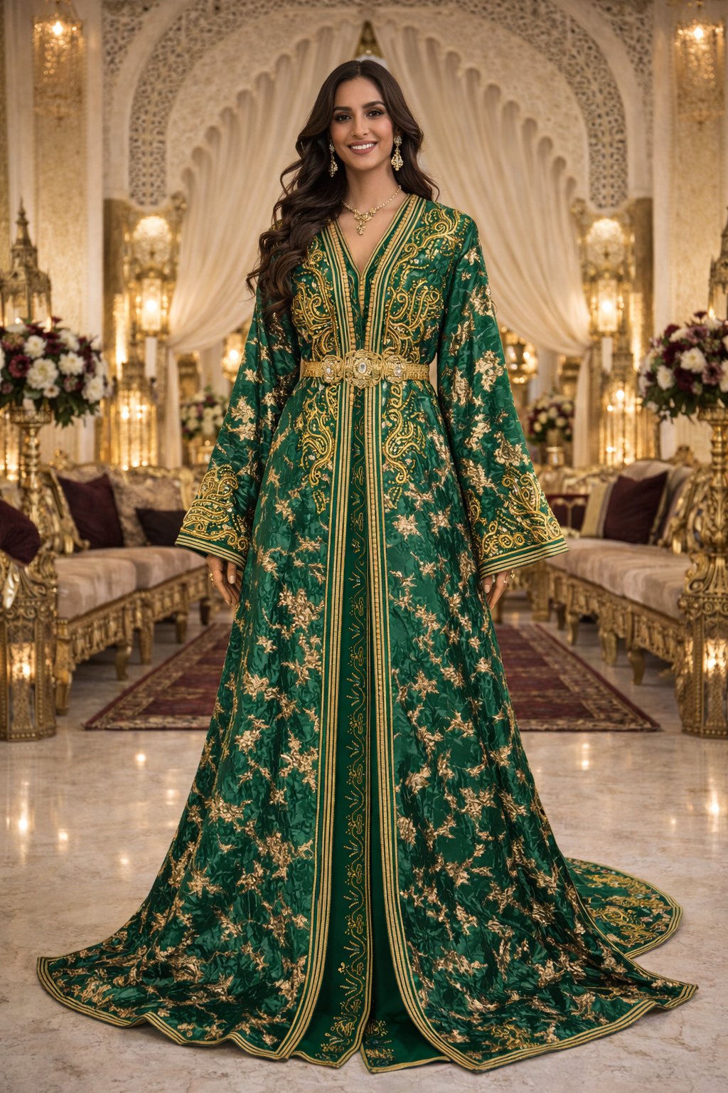 Takchita Haute Couture Brocart Vert, Or & Nacré
