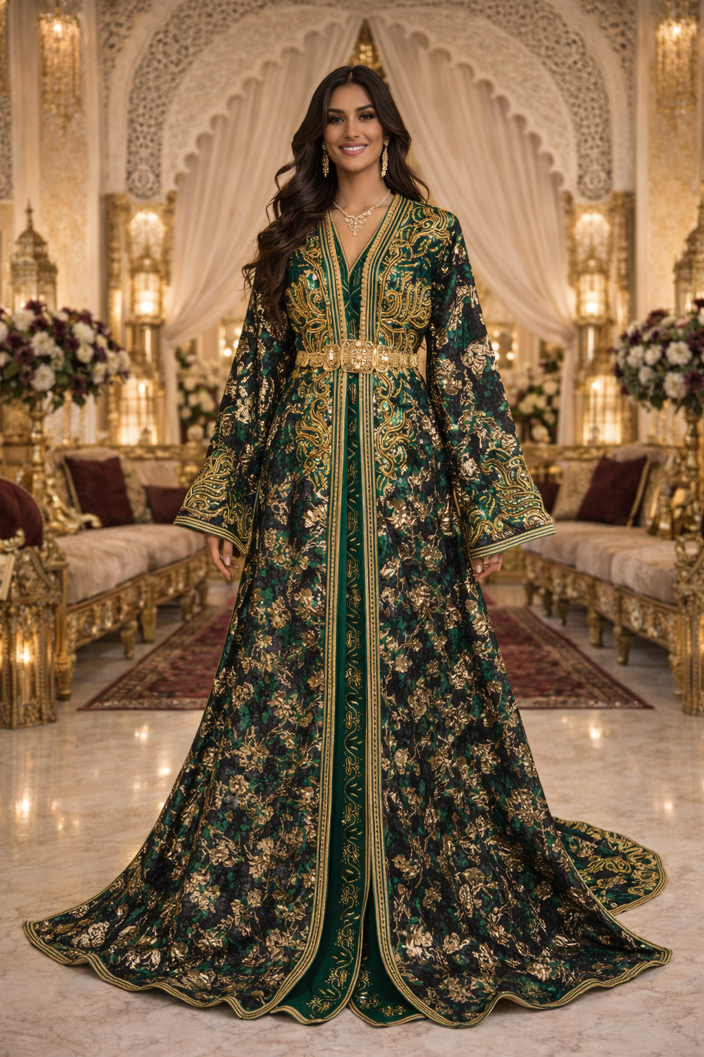 Takchita Haute Couture Brocart Vert, Or & Noir – Audace Royale & Luxe Marocain