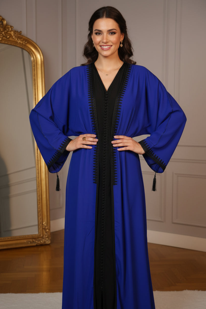 Kimono Crêpe Premium 2 Pièces - Robe Noire & Veste Bleu Nuit
