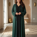 Kimono Crêpe Premium 2 Pièces - Robe Noire & Veste Vert Émeraude
