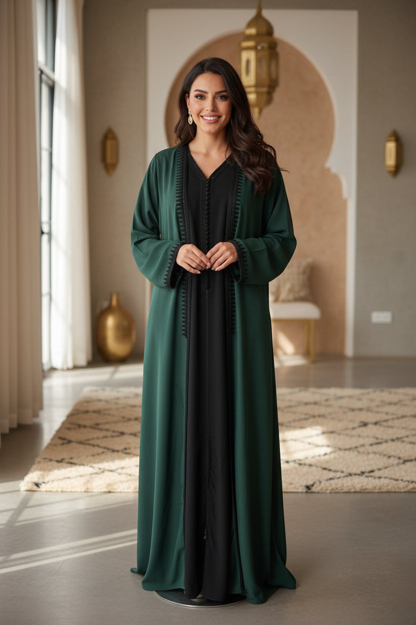 Kimono Crêpe Premium 2 Pièces - Robe Noire & Veste Vert Émeraude