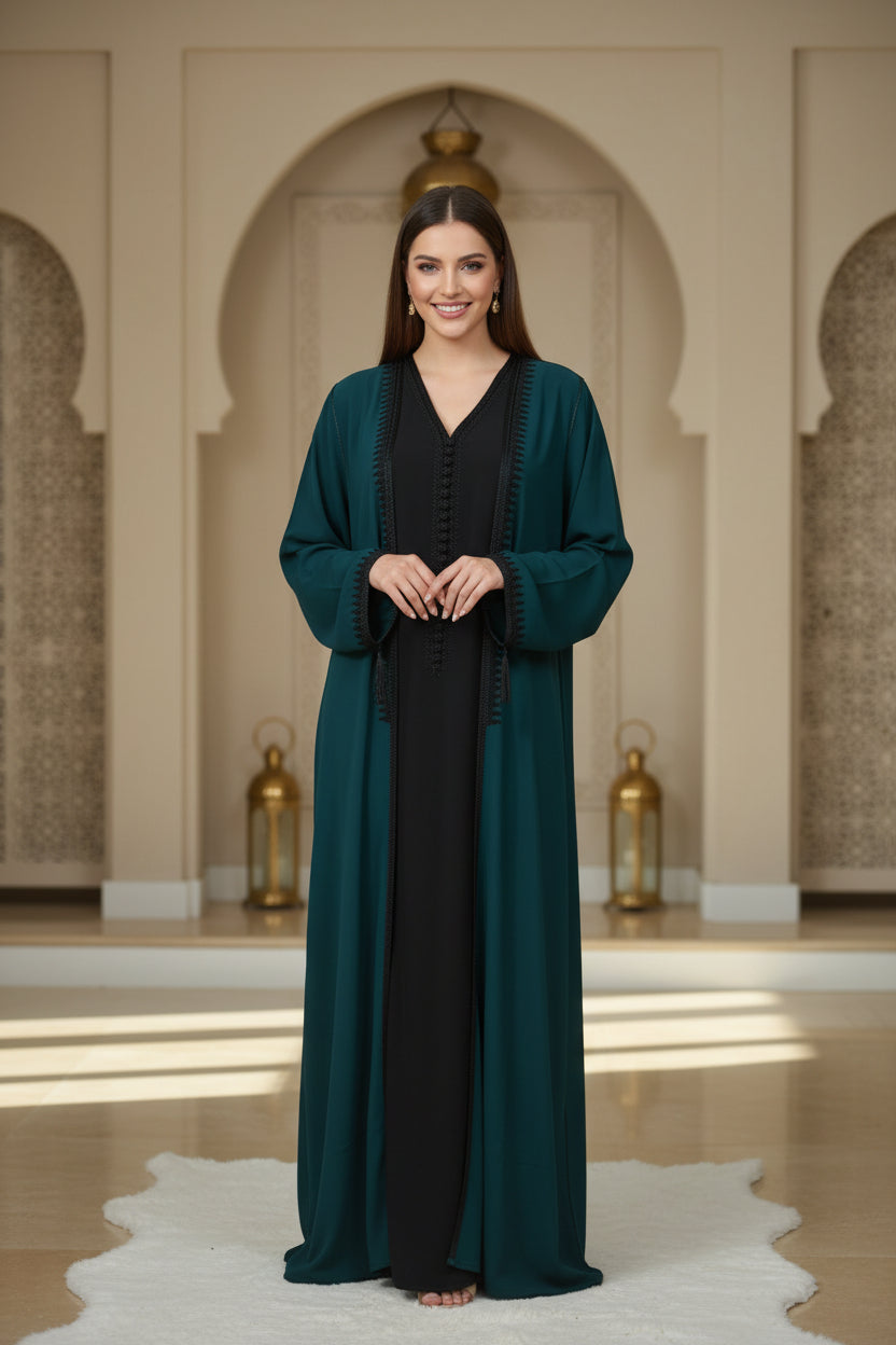 Kimono Crêpe Premium 2 Pièces - Robe Noire & Veste Bleu Canard