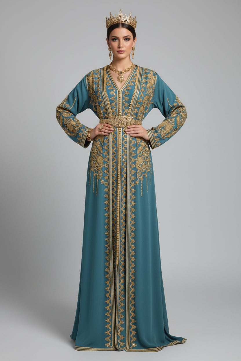 Takchita Haute Couture Crêpe Bleu & Or – Fluidité Royale & Luxe Marocain