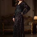 Black caftan with sparkling sequins – Draped belt - Zeynaya Prestige