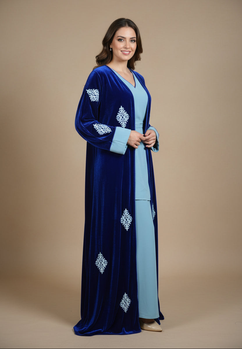 Kimono Velours 4 Pièces Luxe - Bleu Roi