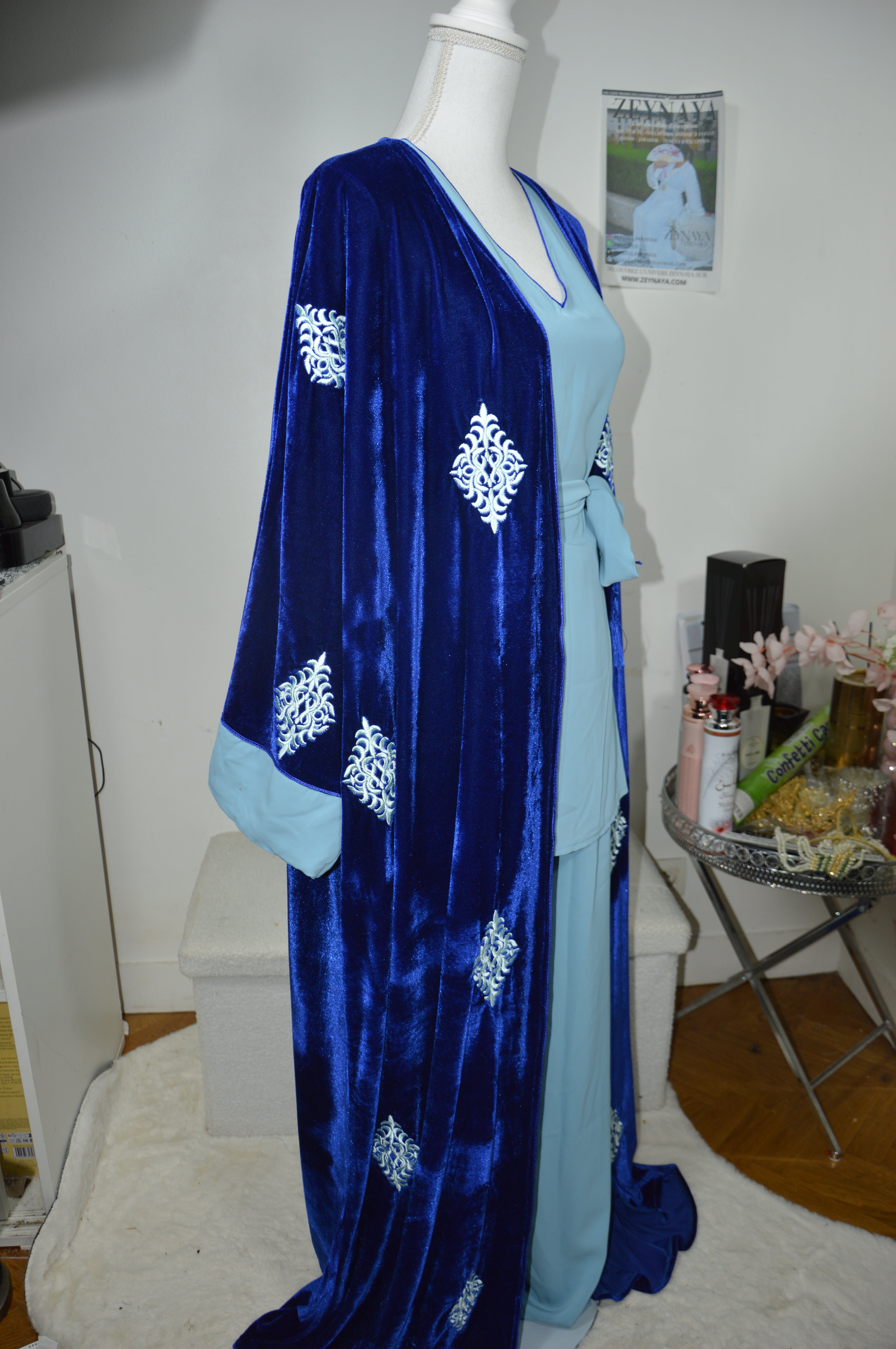 Kimono Velours 4 Pièces Luxe - Bleu Roi