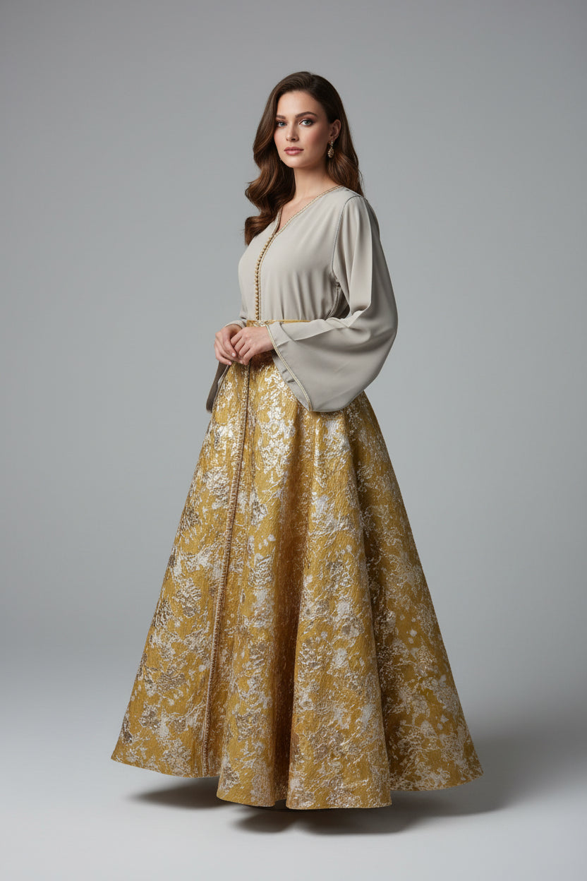 Ensemble Haut Nude & Jupe Brocart Doré – Harmonie Lumineuse & Luxe Marocain