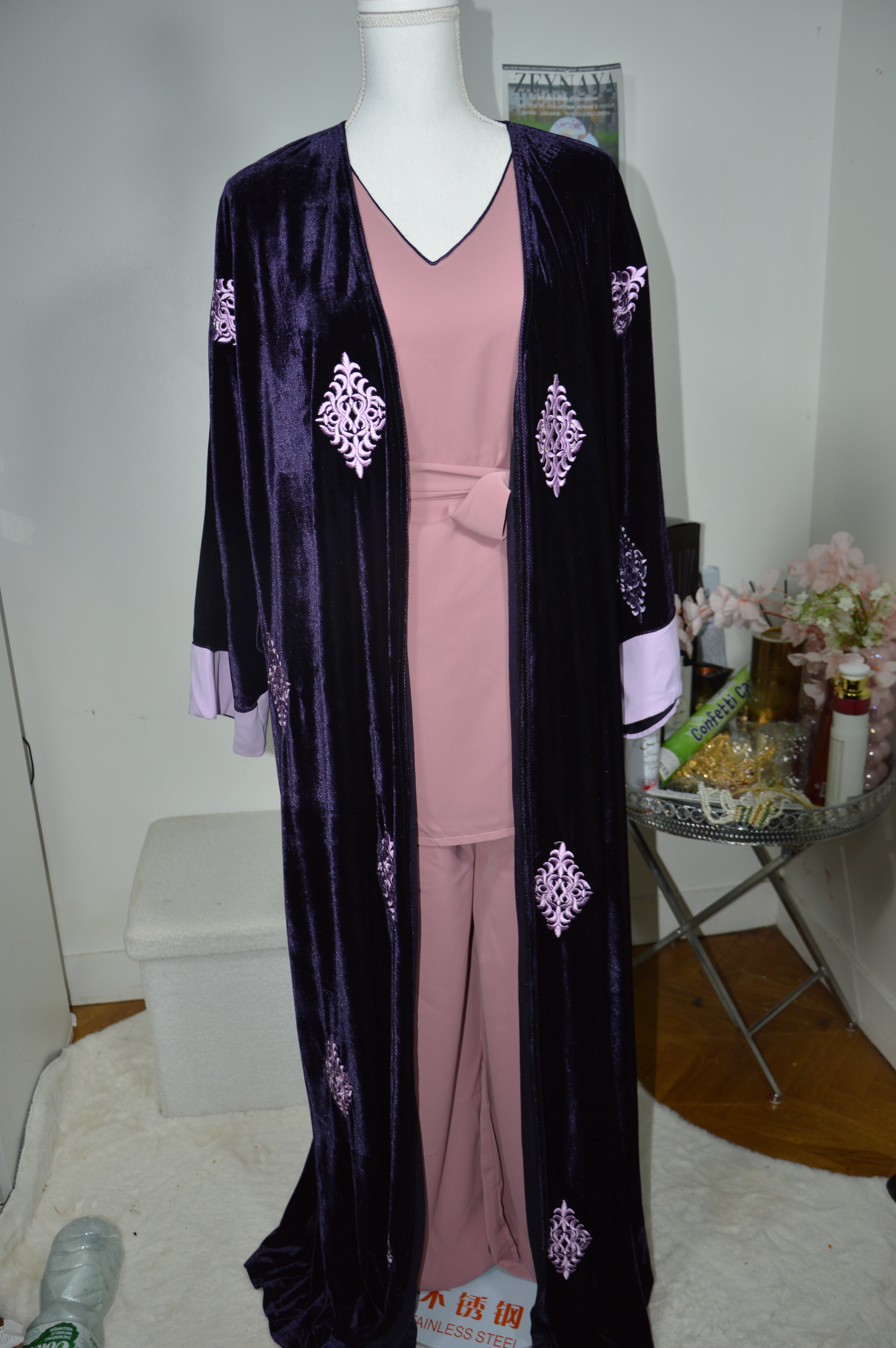 Kimono Velours 4 Pièces Luxe - Violet Impérial