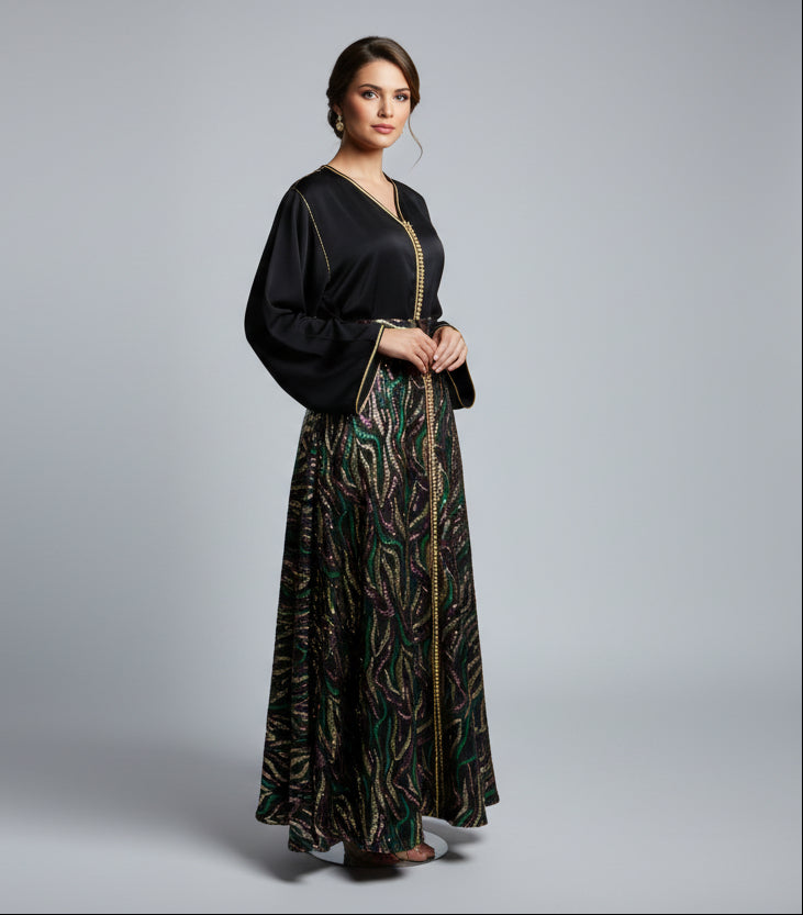 Ensemble Haut Noir & Jupe Brocart Or multicolore