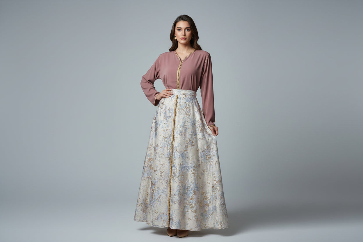 Ensemble Haut Rose & Jupe Brocart Bleu Clair Or