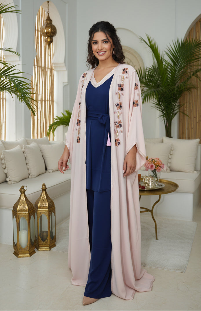 Kimono Crêpe Premium 4 Pièces Brodé Perlé - Rose Bébé