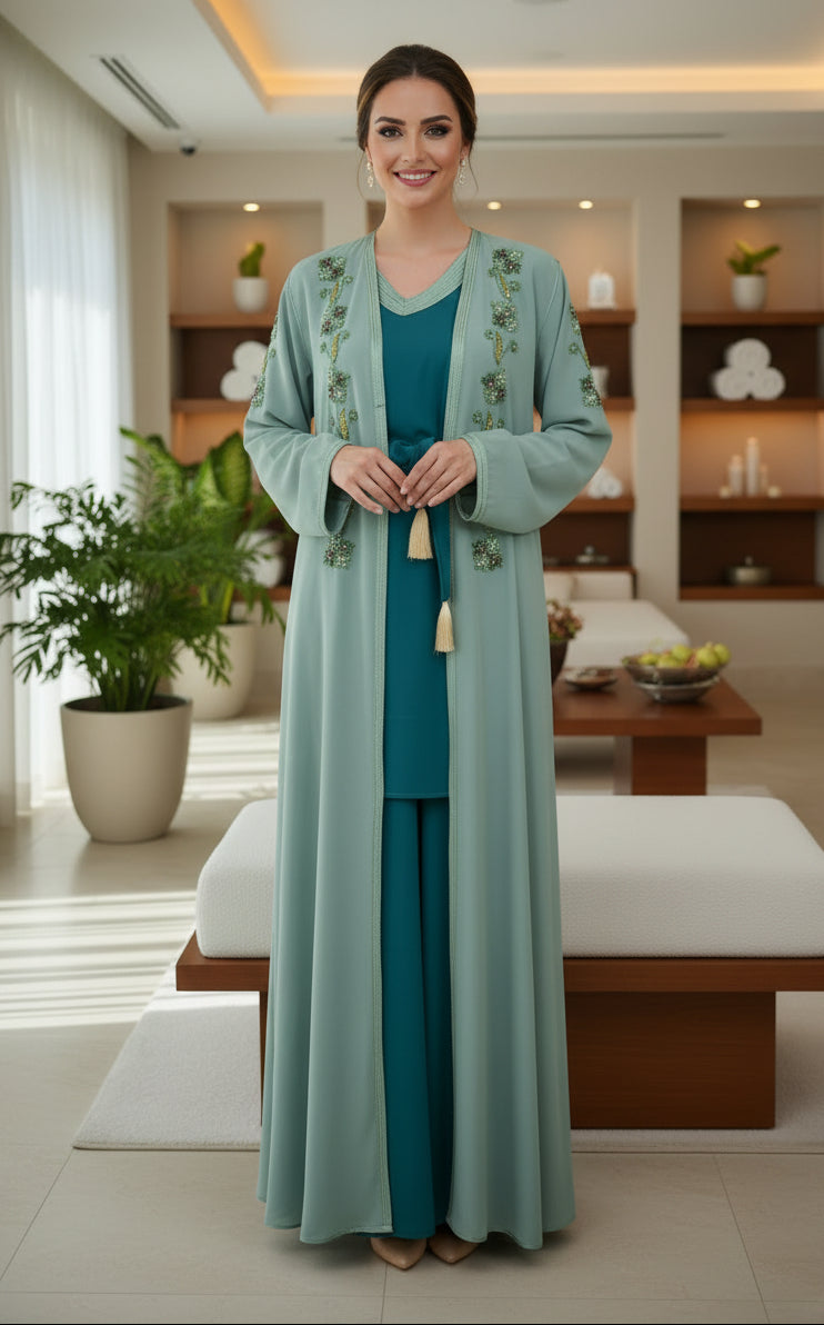 Kimono Crêpe Premium 4 Pièces Brodé Perlé - Bleu Vert Eau