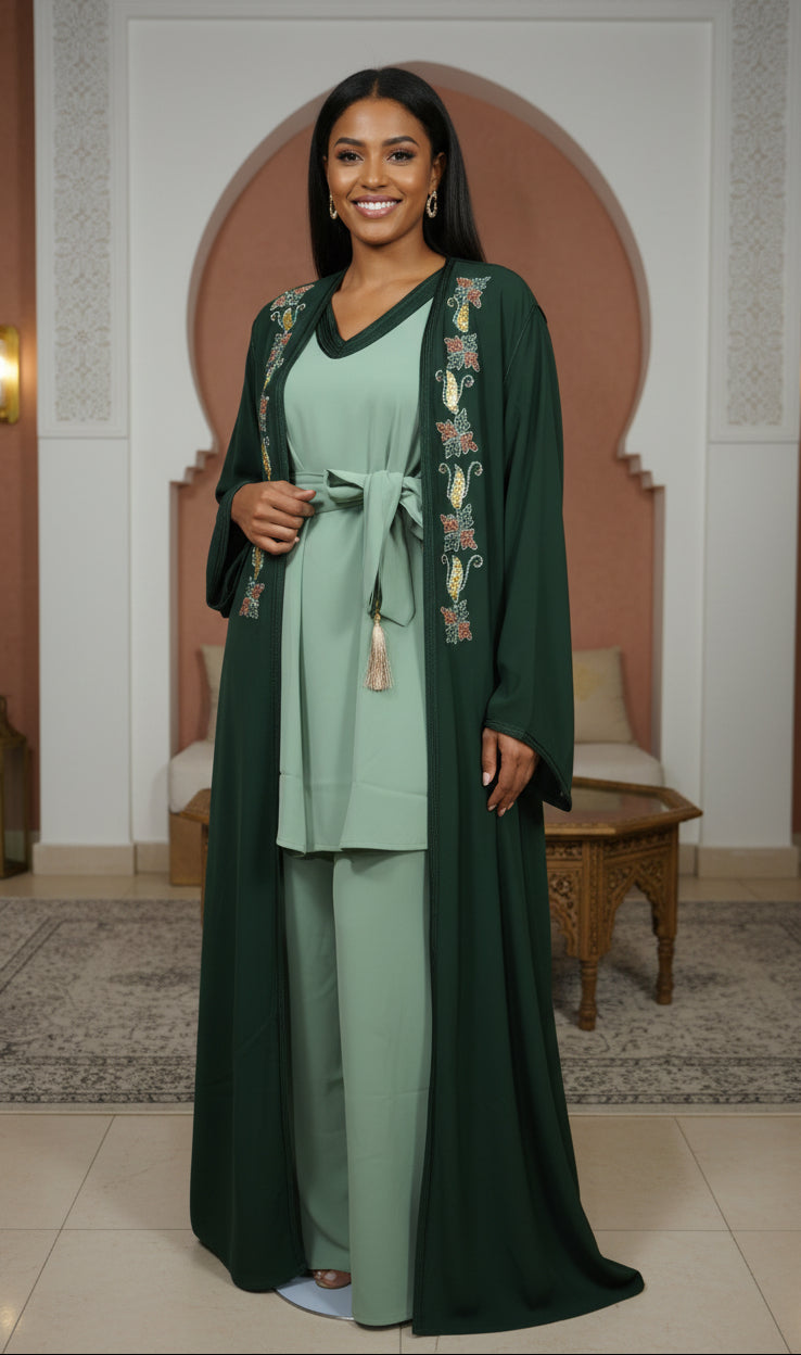 Kimono Crêpe Premium 4 Pièces Brodé Perlé - Vert Émeraude