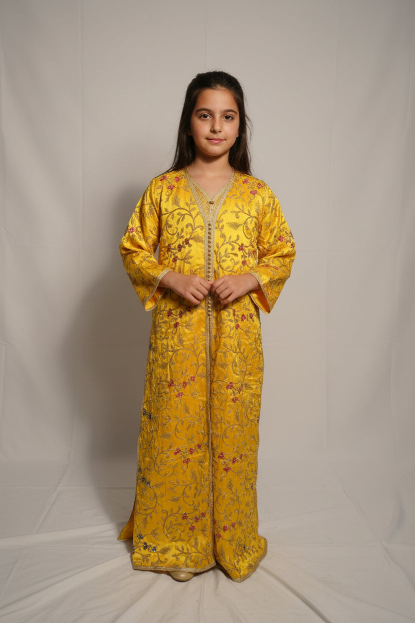 Takchita Jaune Enfant - Tenue Marocaine de Luxe