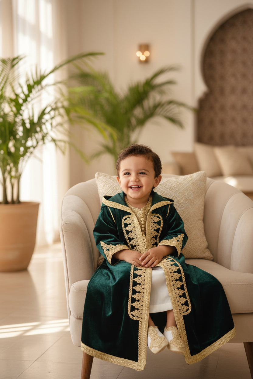 Grenouillère Bébé Luxe Satin Blanc & Cape Velours Vert Royal Brodé Or