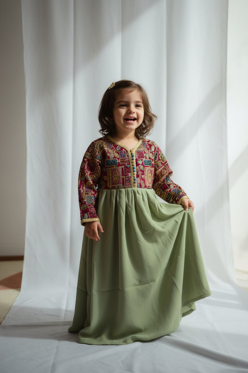 Robe Caftan Sari Vert Fuchsia Enfant - Tenue Fille 3 ans