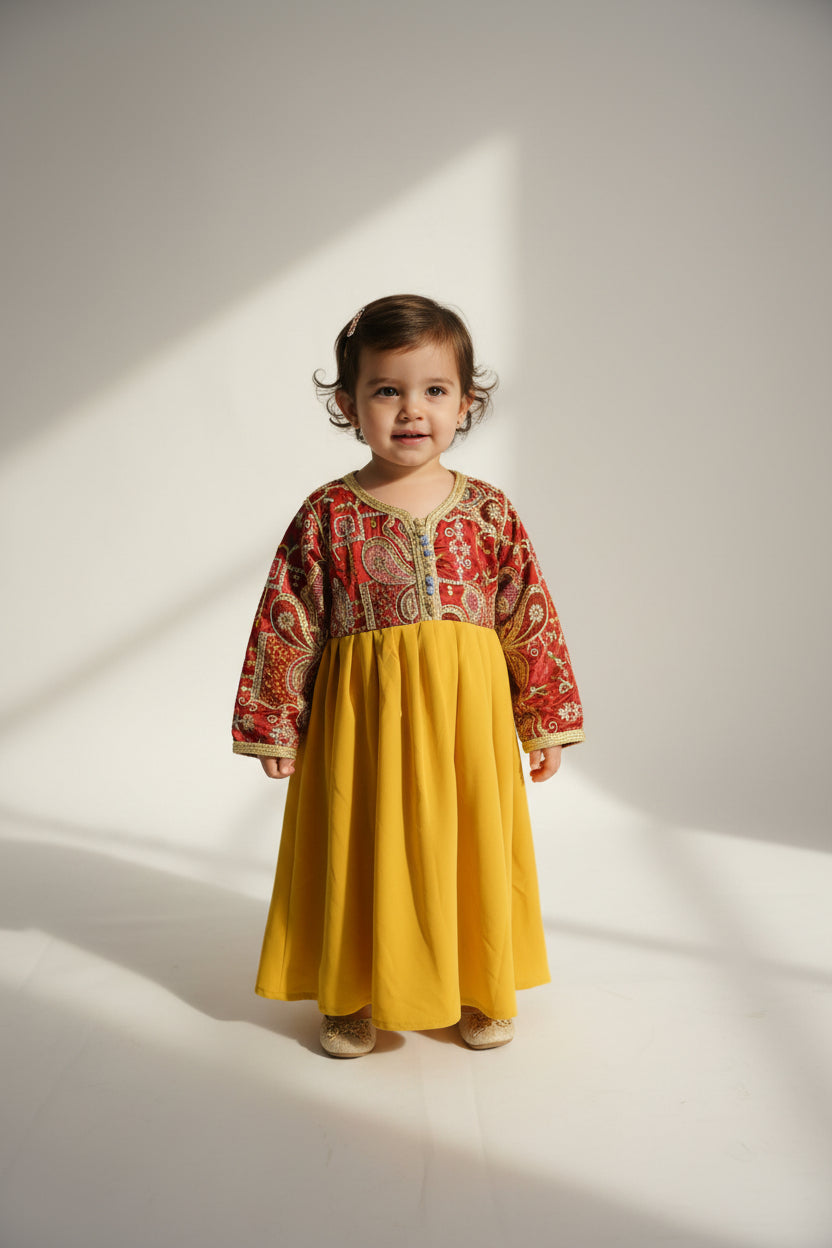 Robe Caftan Sari Vert Rouge Enfant - Tenue Fille 2 ans