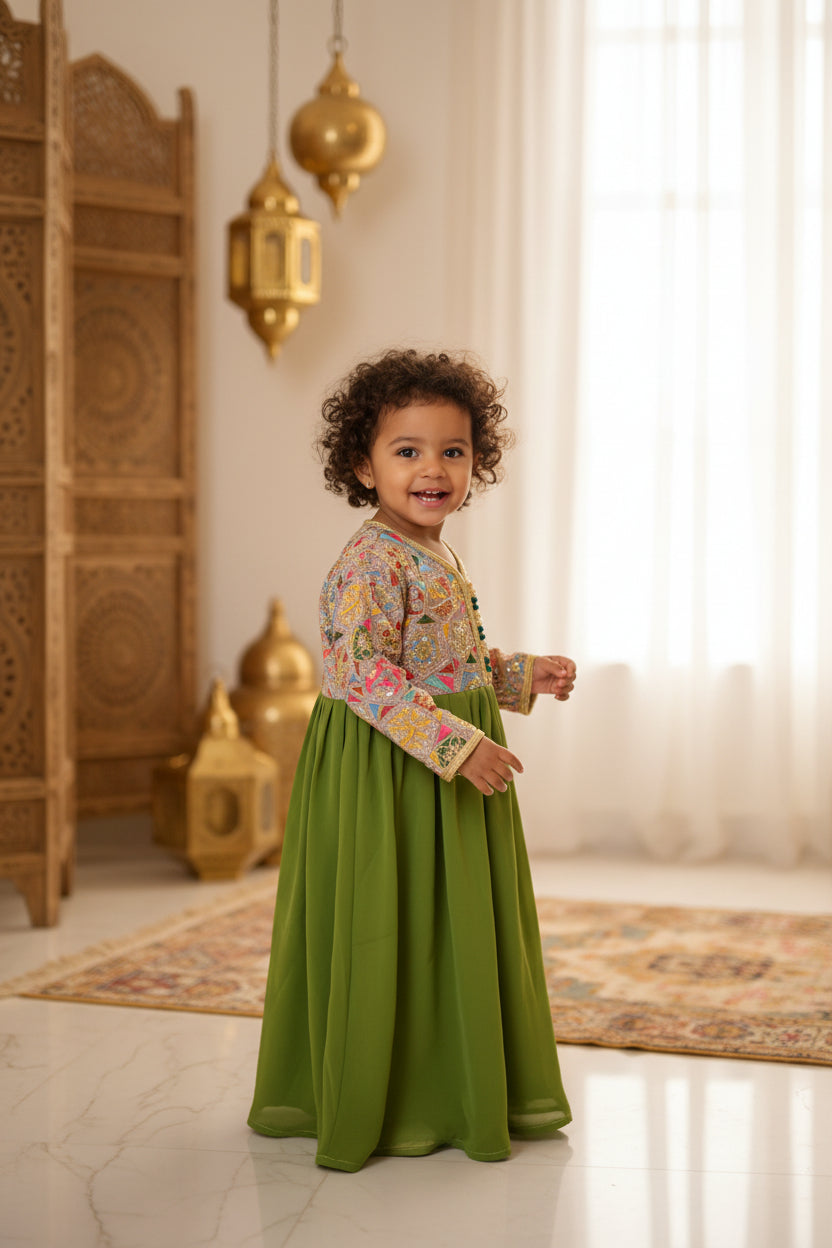 Robe Caftan Sari Vert Gris Enfant - Tenue Fille 2 ans