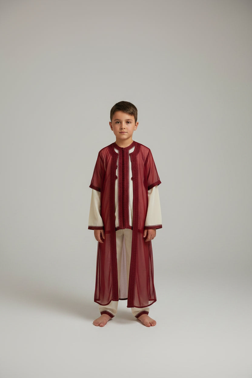 Jabador Bordeaux Garçon – Tenue Traditionnelle Marocaine
