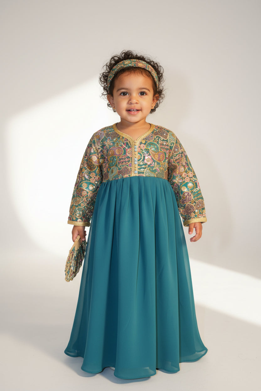 Robe Caftan Sari Bleu Enfant - Tenue Fille 3 ans