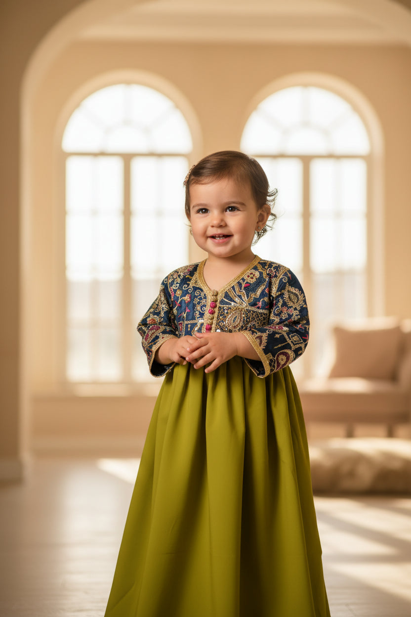 Robe Caftan Sari Vert Bleu Canard Enfant - Tenue Fille 2 ans