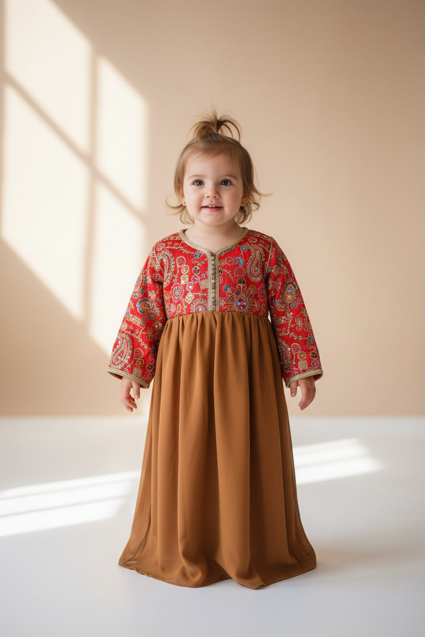 Robe Caftan Sari Marron Rouge Enfant - Tenue Fille 2 ans