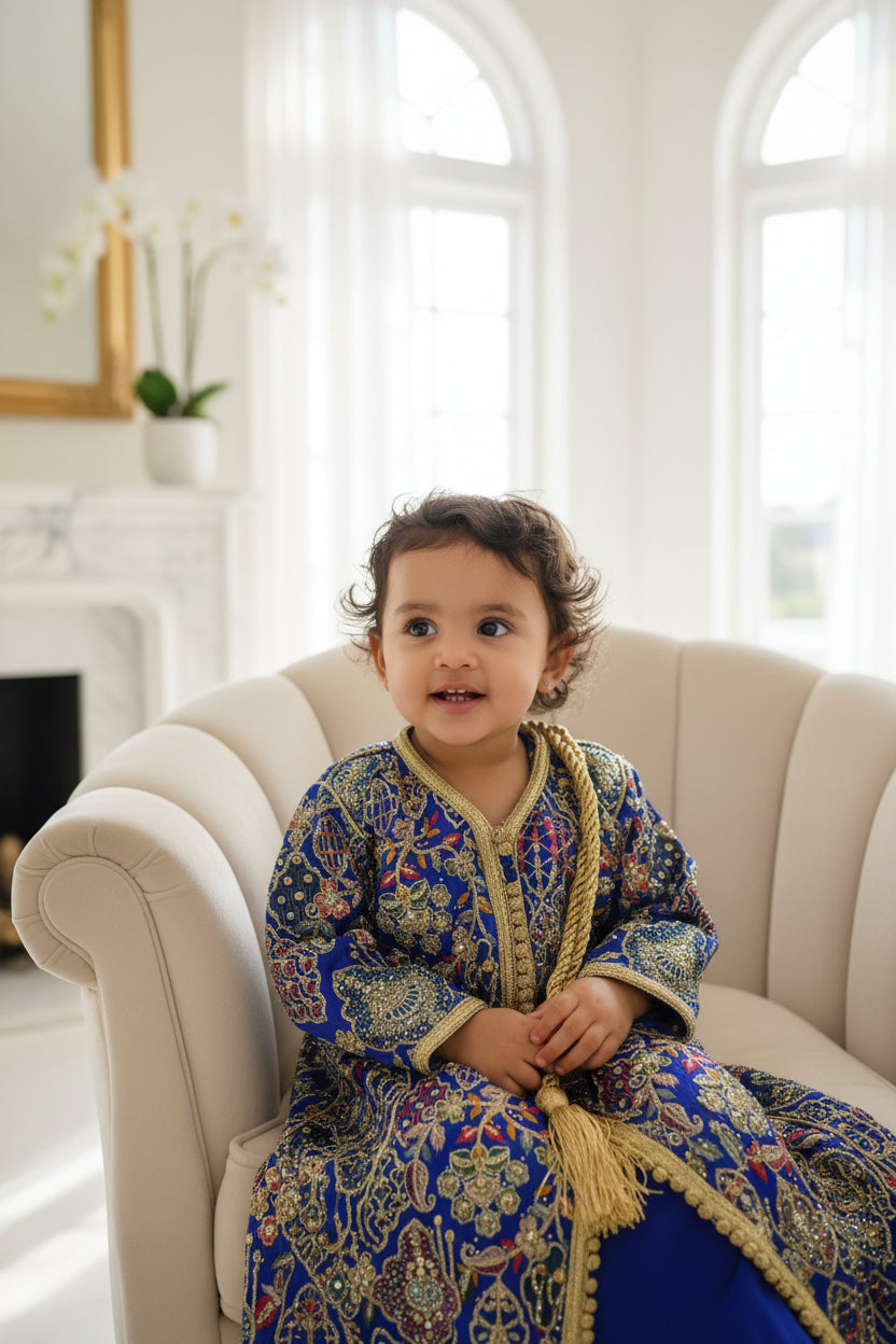 Robe Caftan Sari Vert Bleu Enfant - Tenue  Fille 2 ans