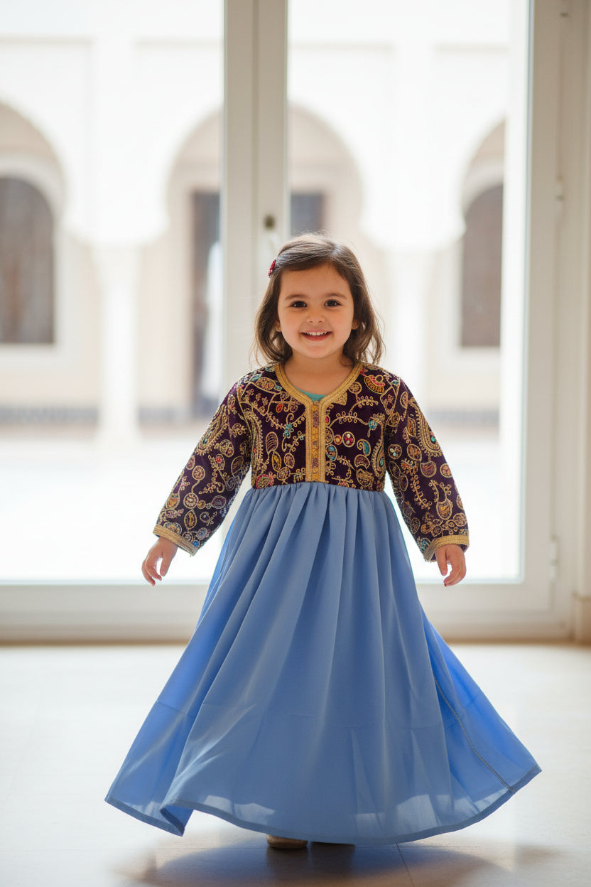 Robe Caftan Sari Bleu Violet Enfant - Tenue Fille 3 ans