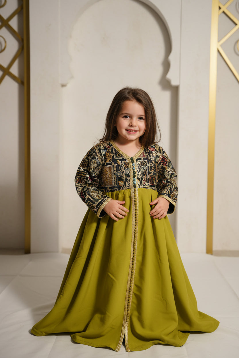 Robe Sari Vert Noir Enfant - Tenue Fille 3 ans